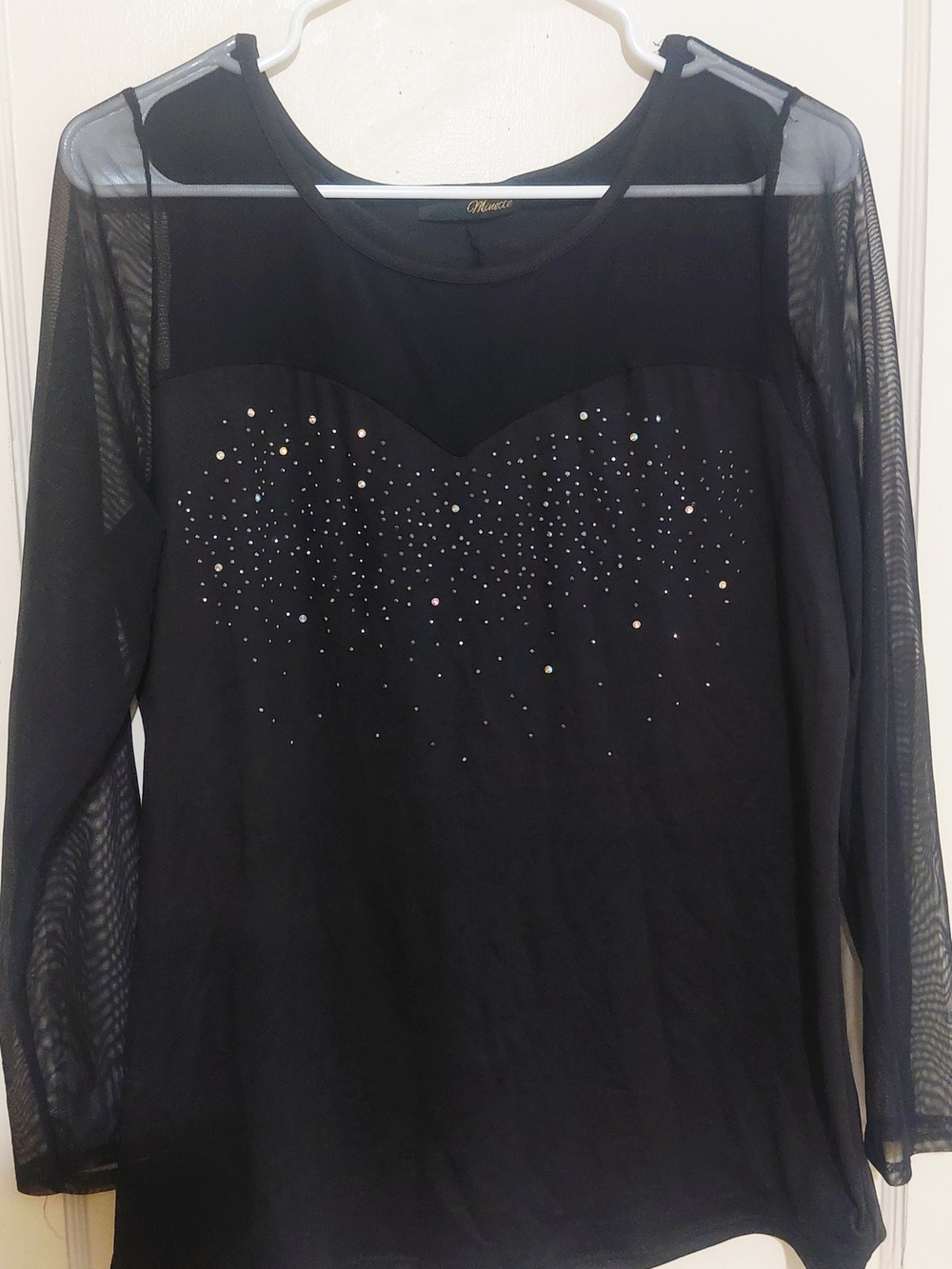 Miaou Black Mesh-Sleeve Rhinestone Blouse